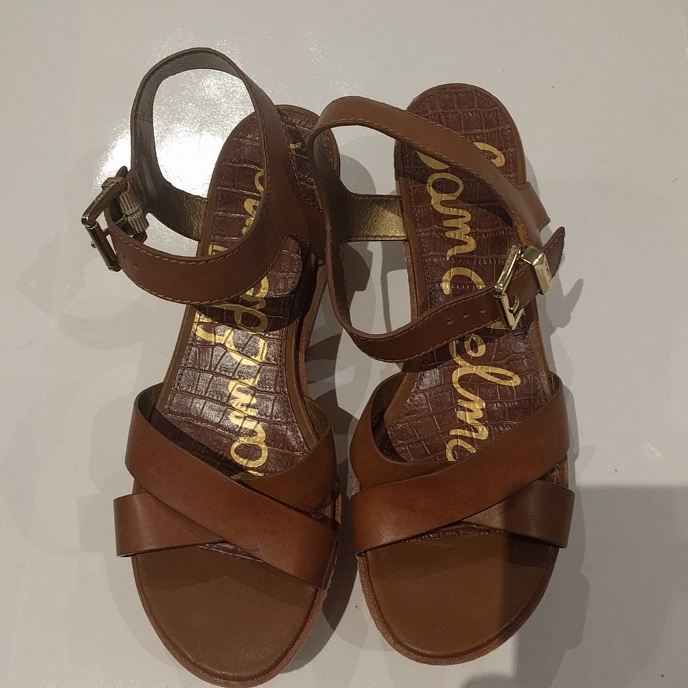 Sam Edelman Tan Leather Cross-Strap Sandals with Gold Buckles